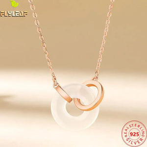 925 Silver Chalcedony Double Circle Pendant Necklace Rose Plating