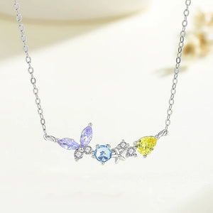 925 Silver Butterfly Pendant Necklace with Colored Zircon, Platinum Plating
