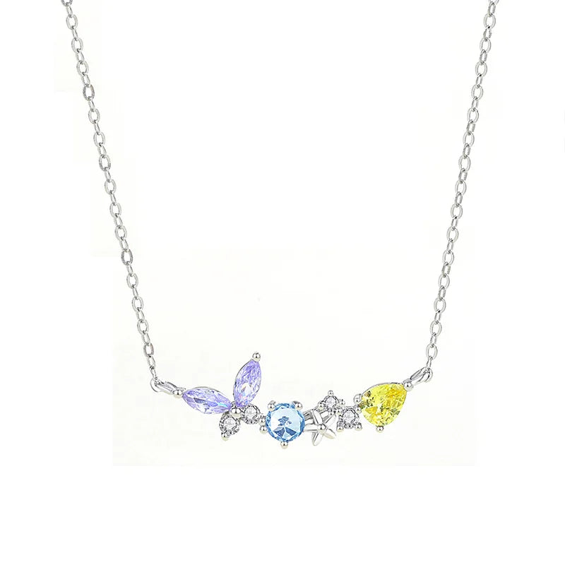 925 Silver Butterfly Pendant Necklace with Colored Zircon, Platinum Plating