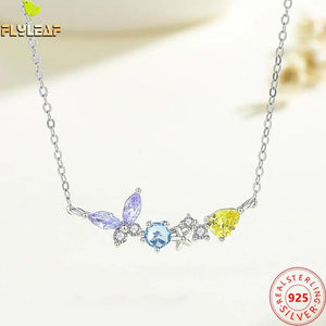 925 Silver Butterfly Pendant Necklace with Colored Zircon, Platinum Plating