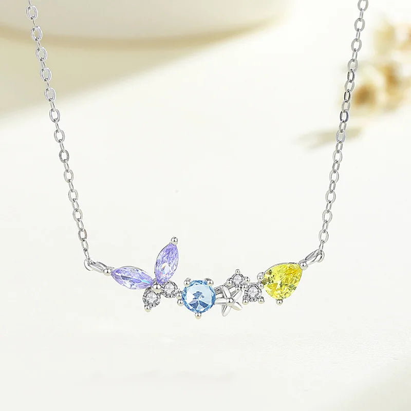 925 Silver Butterfly Pendant Necklace with Colored Zircon, Platinum Plating