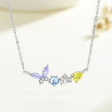 925 Silver Butterfly Pendant Necklace with Colored Zircon, Platinum Plating