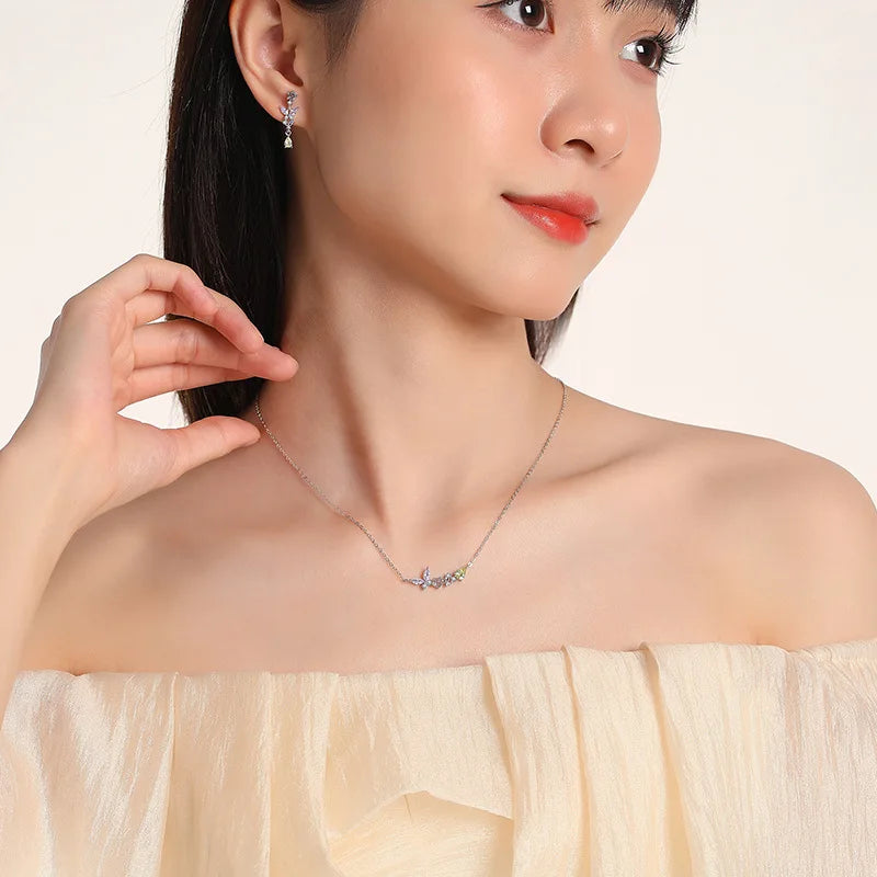 925 Silver Butterfly Pendant Necklace with Colored Zircon, Platinum Plating