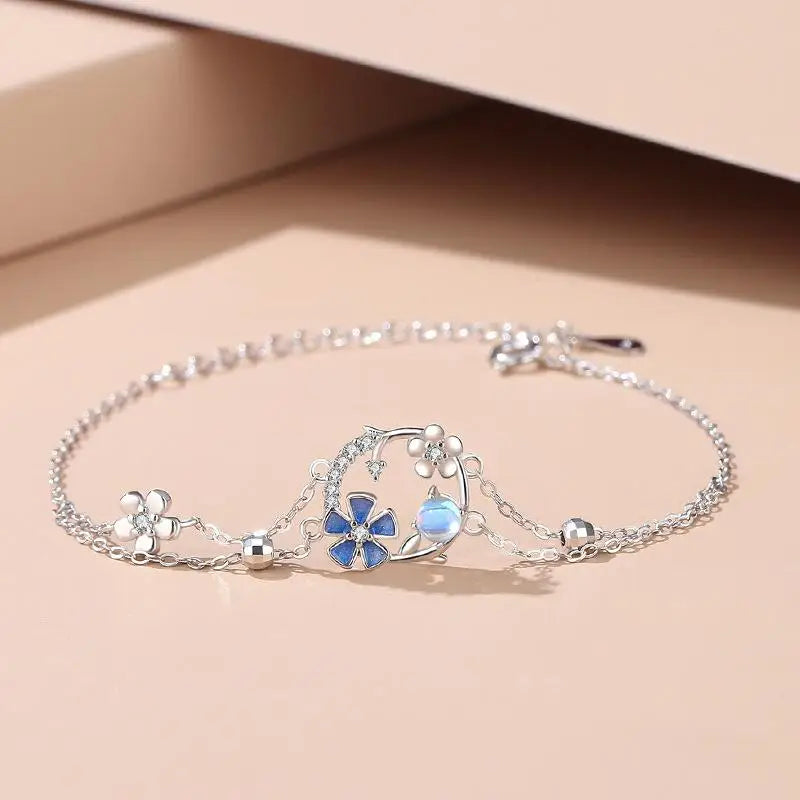 925 Silver Moonstone Flower Bracelet Platinum Plated