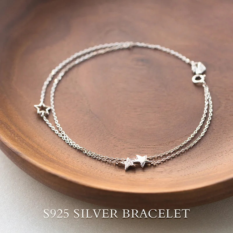 925 Silver Double Layers Stars Chain Bracelet Clear Stone GTLS347