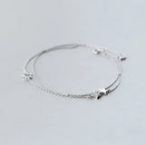 925 Silver Double Layers Stars Chain Bracelet Clear Stone GTLS347
