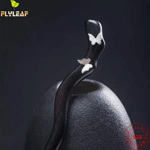 925 Silver Ebony Butterfly Hair Sticks Women Chinese Hanfu Hair Accessories