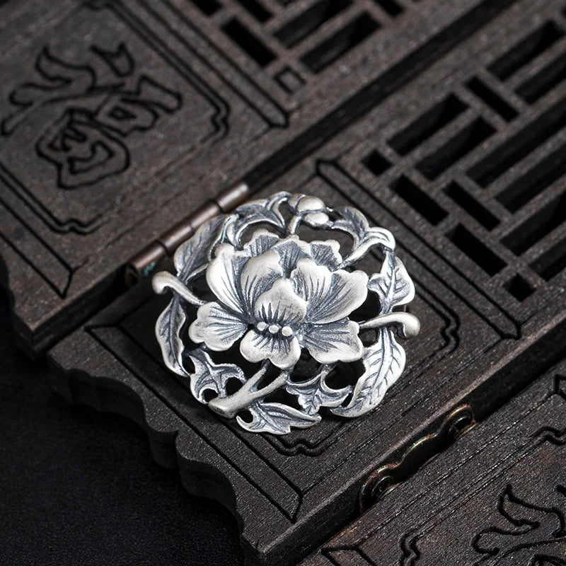 925 Sterling Silver Flower Brooch Chinese Style Femme Vintage