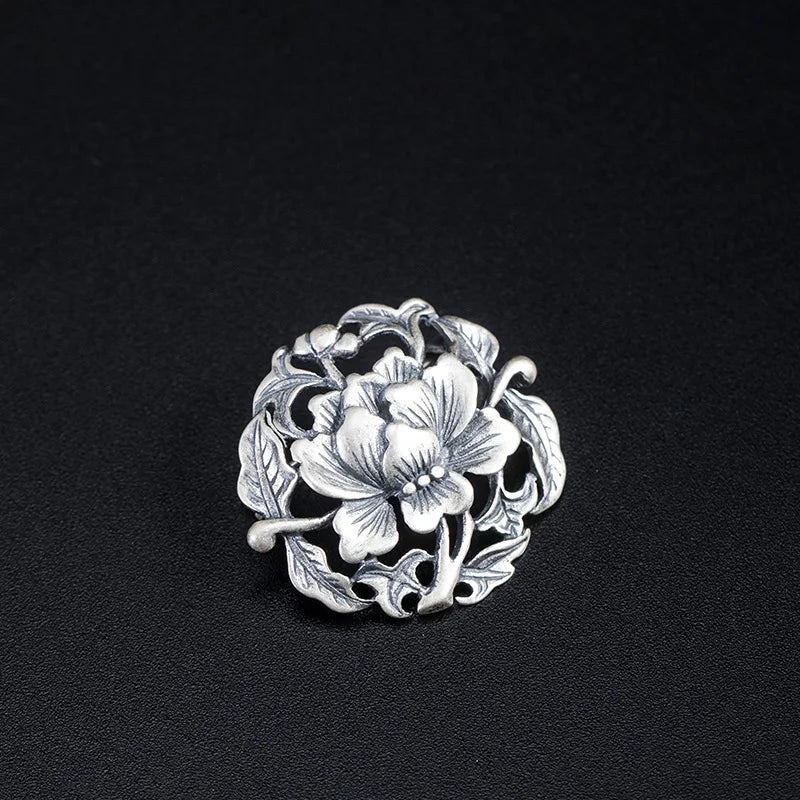 925 Sterling Silver Flower Brooch Chinese Style Femme Vintage