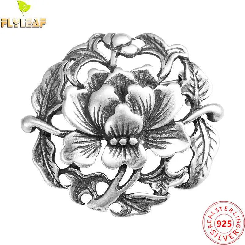 925 Sterling Silver Flower Brooch Chinese Style Femme Vintage