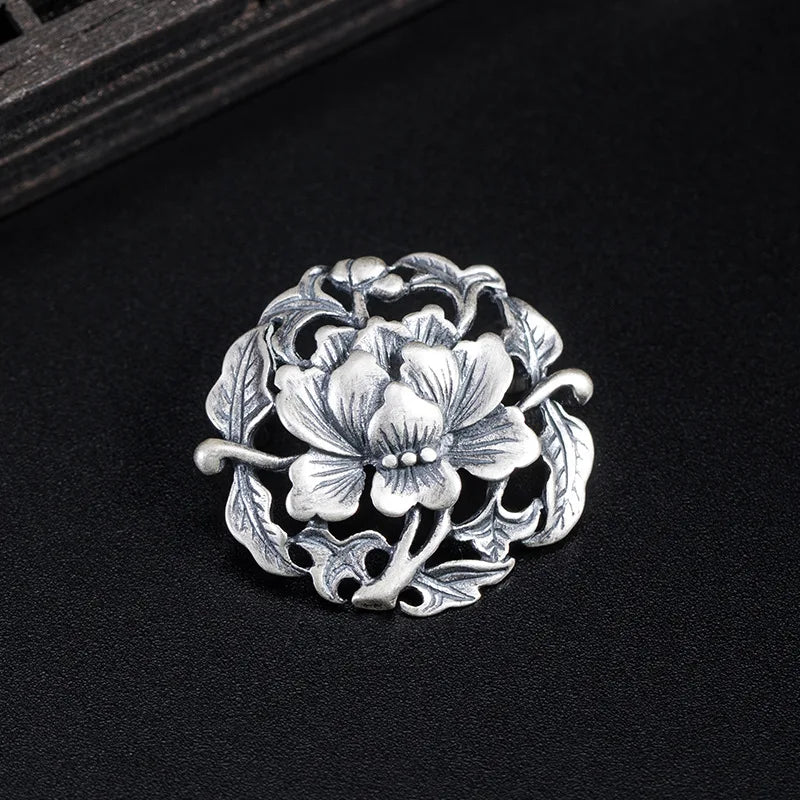 925 Sterling Silver Flower Brooch Chinese Style Femme Vintage