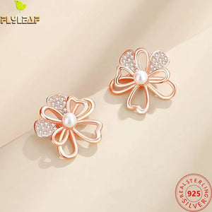 925 Silver Freshwater Pearl Hibiscus Stud Earrings Rose Plating