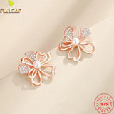 925 Silver Freshwater Pearl Hibiscus Stud Earrings Rose Plating