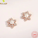 925 Silver Freshwater Pearl Snowflake Stud Earrings Rose Plated Women Jewelry