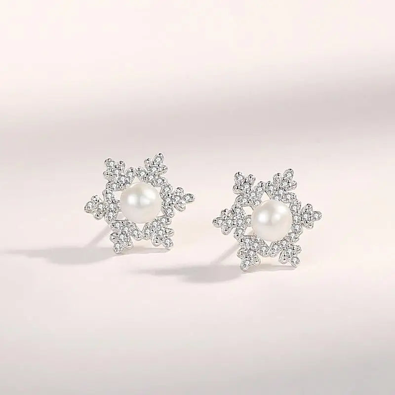 925 Silver Freshwater Pearl Snowflake Stud Earrings Rose Plated Women Jewelry
