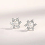 925 Silver Freshwater Pearl Snowflake Stud Earrings Rose Plated Women Jewelry