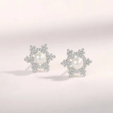 925 Silver Freshwater Pearl Snowflake Stud Earrings Rose Plated Women Jewelry