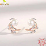 925 Silver Freshwater Pearls Angel Wing Stud Earrings Rose Plating