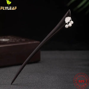 925 Silver Freshwater Pearls Ebony Hair Sticks Women Hanfu Hairpin