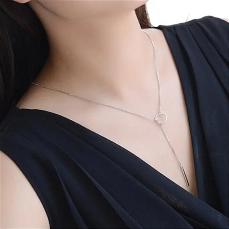925 Silver Geometry Circle Strip Chain Pendant Necklace for Women