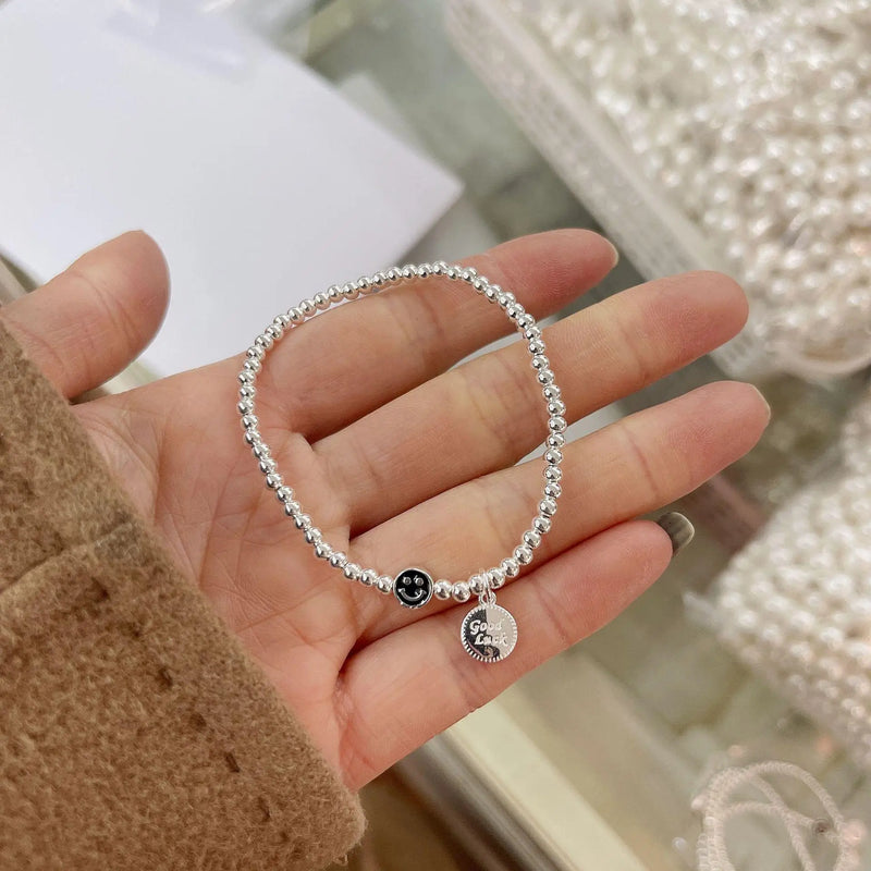 925 Silver Good Luck Smiley Bracelet Hand Beaded Elastic Rope DIY Bracelets