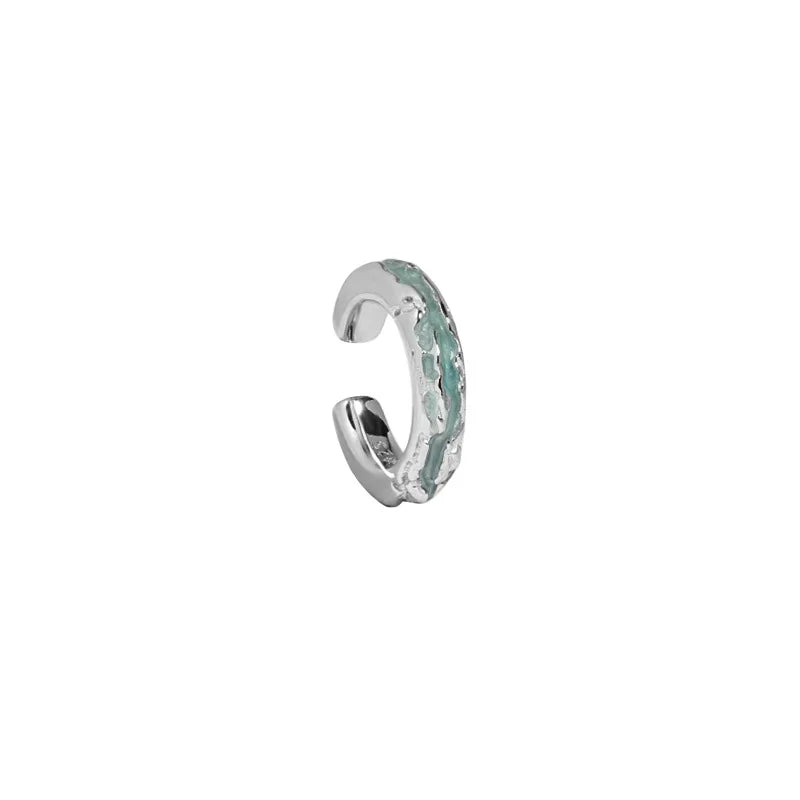 925 Silver Green Enamel C Shape Clip Earrings Platinum Plating