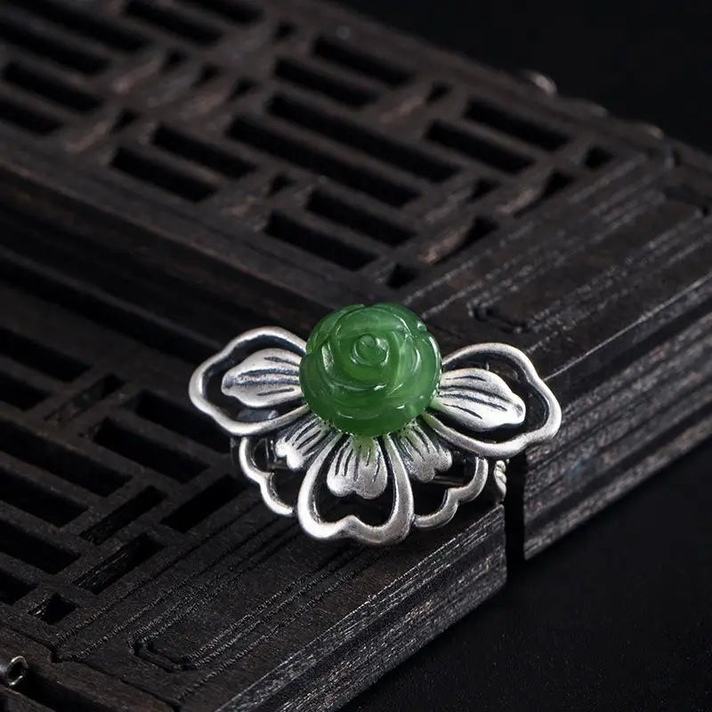 925 Silver Green Jade Butterfly Brooch for Women Hanfu