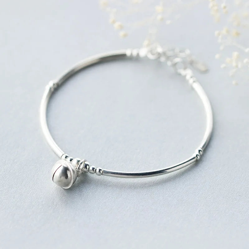 925 Sterling Silver Jingle Bell Bangle Bracelet with Lucky Beads