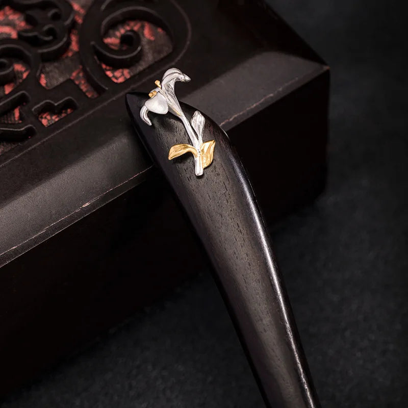 Vintage Sterling Silver Lily Flower Ebony Hairpin for Women