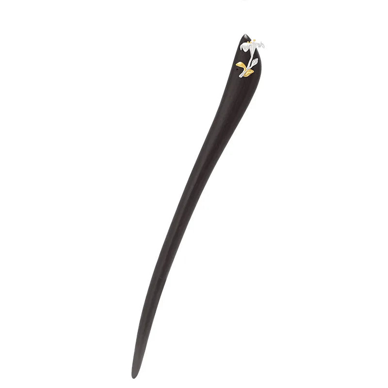 Vintage Sterling Silver Lily Flower Ebony Hairpin for Women
