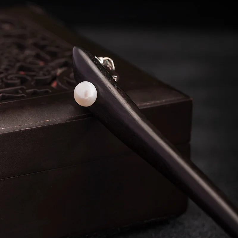 Vintage Sterling Silver Lily Flower Ebony Hairpin for Women