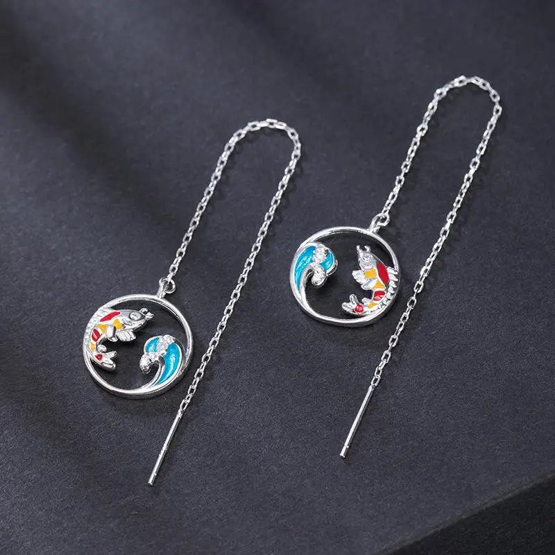 925 Silver Lucky Koi Waves Drop Earrings Women