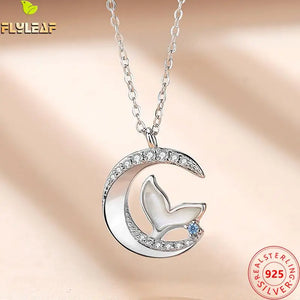 925 Sterling Silver Moon Fish Tail Pendant Necklace Women
