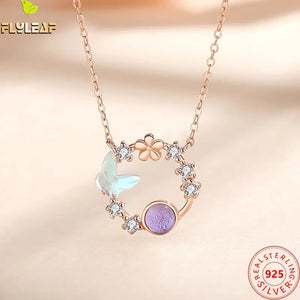 925 Silver Moonstone Butterfly Pendant Necklace Rose Plating