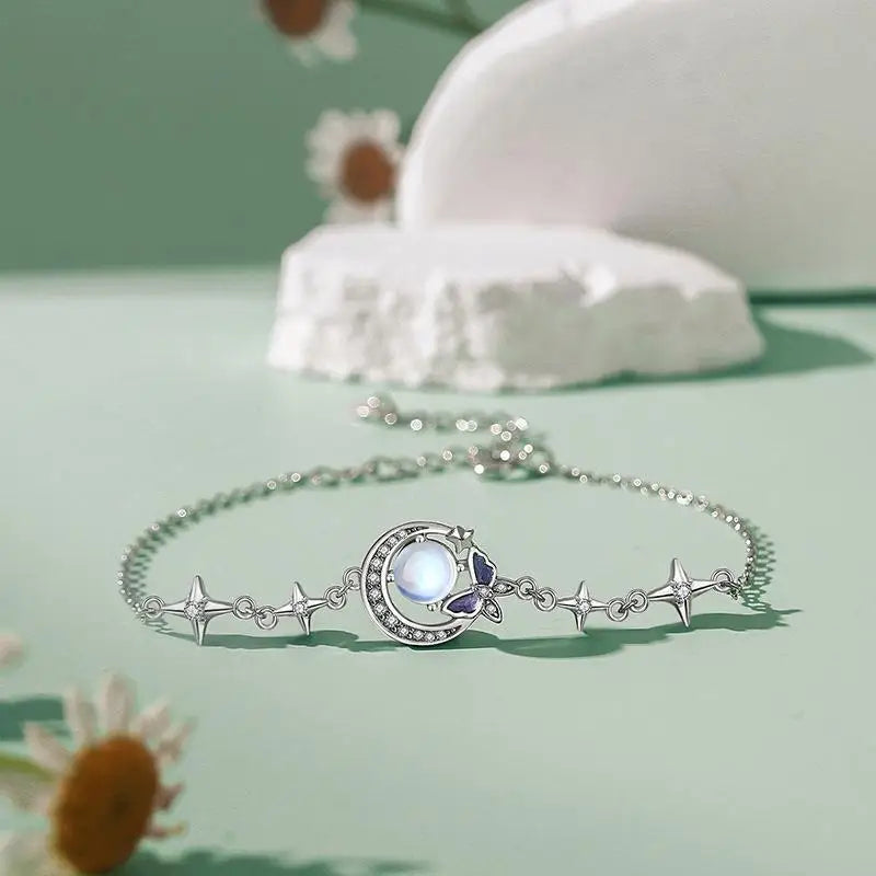 925 Silver Moonstone Butterfly Bracelet for Women