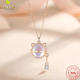925 Silver Moonstone Cat Pendant Necklace Rose Plated