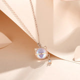 925 Silver Moonstone Cat Pendant Necklace Rose Plated