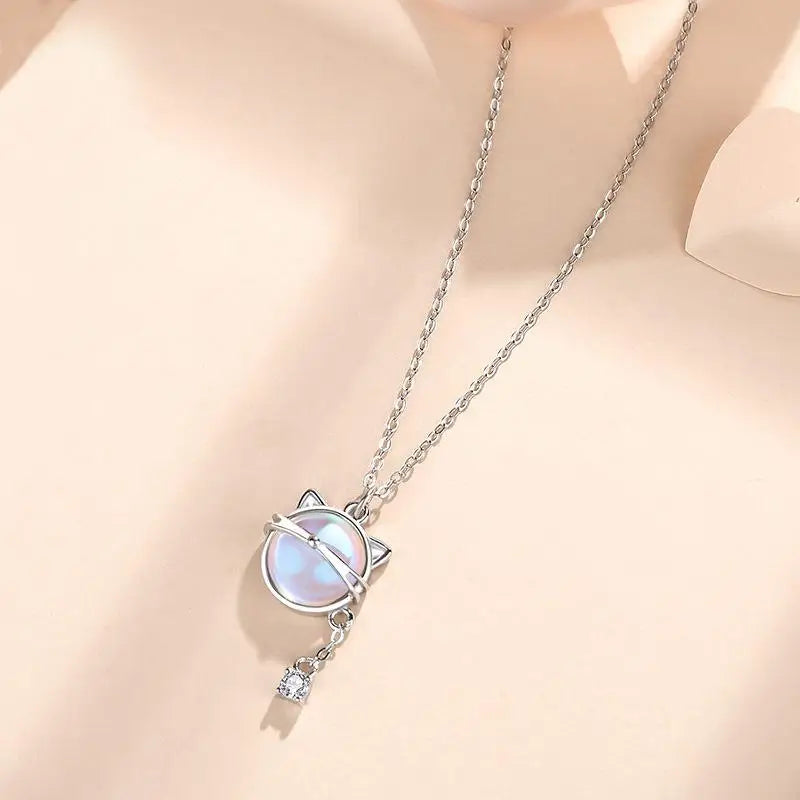 925 Silver Moonstone Cat Pendant Necklace Rose Plated