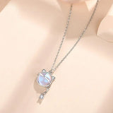 925 Silver Moonstone Cat Pendant Necklace Rose Plated