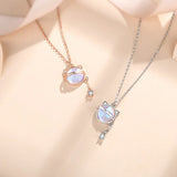 925 Silver Moonstone Cat Pendant Necklace Rose Plated