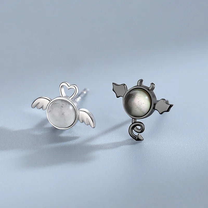 925 Silver Crystal Angel Devil Stud Earrings for Women