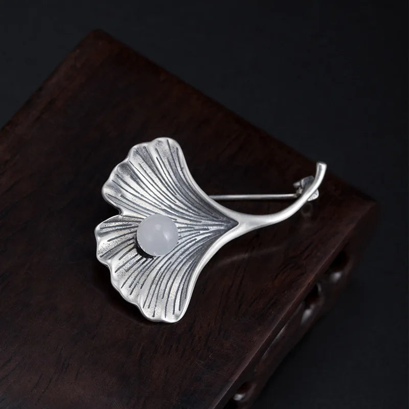 Genuine 925 Silver Jade Ginkgo Leaf Brooch Women Dress Accessory