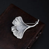 Genuine 925 Silver Jade Ginkgo Leaf Brooch Women Dress Accessory