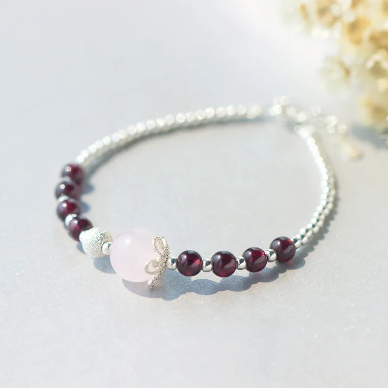 925 Sterling Silver Rose Quartz & Red Garnet Bead Bracelet
