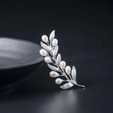 925 Sterling Silver Olive Branch Pearl Brooch for Women