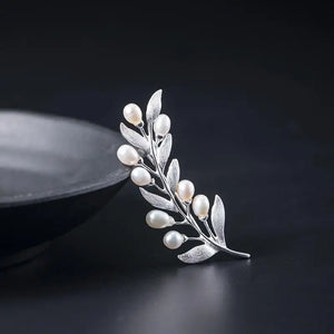 925 Sterling Silver Olive Branch Pearl Brooch for Women