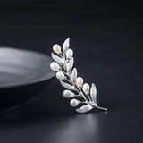 925 Sterling Silver Olive Branch Pearl Brooch for Women
