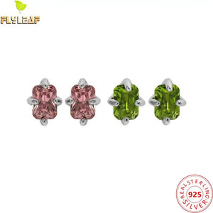 925 Silver Pink Green Zircon Stud Earrings Platinum Plated Femme Accessories