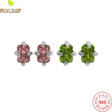 925 Silver Pink Green Zircon Stud Earrings Platinum Plated Femme Accessories