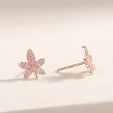 925 Sterling Silver Pink Zircon Maple Leaf Stud Earrings Women Rose Plating